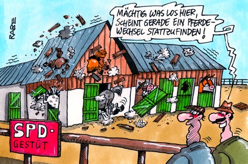 Cartoon: SPD-Stall (medium) by RABE tagged spd,bundestagswahl,wahlkampf,sozialdemokraten,hannelore,kraft,peer,steinbrück,nahles,sigmar,gabriel,walter,steinmeier,opposition,rot,wähler,kandidaten,partei,regierungsprogramm,merkel,cdu,kanzlerrin,kanzlerkandidat,troika,zukunft,kanzleramt,beck,ministerpräsident,rücktritt,nürburgring,spekulationen,wunschpartener,fraktionschef,gestüt,stall,reiterhof,pferde,stute,pferdewechsel,spd,bundestagswahl,wahlkampf,sozialdemokraten,hannelore,kraft,peer,steinbrück,nahles,sigmar,gabriel,walter,steinmeier,opposition,rot,wähler,kandidaten,partei,regierungsprogramm,merkel,cdu,kanzlerrin,kanzlerkandidat,troika,zukunft,kanzleramt,beck,ministerpräsident,rücktritt,nürburgring,spekulationen,wunschpartener,fraktionschef,gestüt,stall,reiterhof,pferde,stute,pferdewechsel