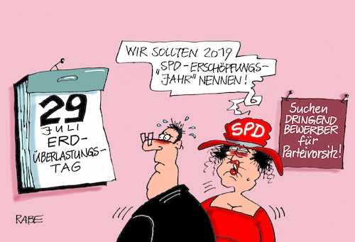 Cartoon: SPD Erschöpfung (medium) by RABE tagged klimawandel,umwelt,umweltministerin,schulze,sp,klimapreis,heizung,auto,rabe,ralf,böhme,cartoon,karikatur,pressezeichnung,farbcartoon,tagescartoon,brücke,bettler,verkehr,klimaprämie,friday,for,future,spd,parteispitze,parteivorsitz,wahlend,erde,erdüberlastung,erschöpfung,ressourcen,bewerber,nahles,wahlen,klimawandel,umwelt,umweltministerin,schulze,sp,klimapreis,heizung,auto,rabe,ralf,böhme,cartoon,karikatur,pressezeichnung,farbcartoon,tagescartoon,brücke,bettler,verkehr,klimaprämie,friday,for,future,spd,parteispitze,parteivorsitz,wahlend,erde,erdüberlastung,erschöpfung,ressourcen,bewerber,nahles,wahlen