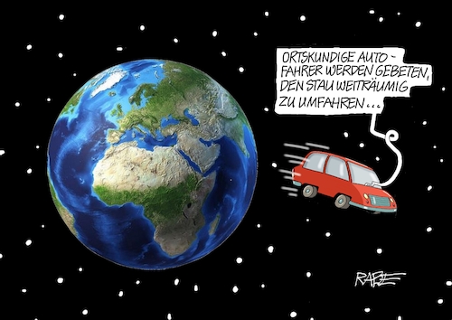 Cartoon: Stauumfahrung (medium) by RABE tagged fahrschule,fahrschüler,führerschein,prüfung,führerscheinprüfung,rabe,ralf,böhme,cartoon,karikatur,pressezeichnung,farbcartoon,tagescartoon,stau,autobahn,stauumfahrung,staumeldung,pkw,auto,all,erdkugel,weltall,fahrschule,fahrschüler,führerschein,prüfung,führerscheinprüfung,rabe,ralf,böhme,cartoon,karikatur,pressezeichnung,farbcartoon,tagescartoon,stau,autobahn,stauumfahrung,staumeldung,pkw,auto,all,erdkugel,weltall