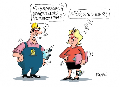 Cartoon: Stechuhr (medium) by RABE tagged stechuhr,fussfessel,arbeitgeber,arbeitnehmer,homeoffice,kontrolle,gewerkschaften,rabe,ralf,böhme,cartoon,karikatur,pressezeichnung,farbcartoon,tagescartoon,zeit,arbeitszeit,pausen,eu,stechuhr,fussfessel,arbeitgeber,arbeitnehmer,homeoffice,kontrolle,gewerkschaften,rabe,ralf,böhme,cartoon,karikatur,pressezeichnung,farbcartoon,tagescartoon,zeit,arbeitszeit,pausen,eu