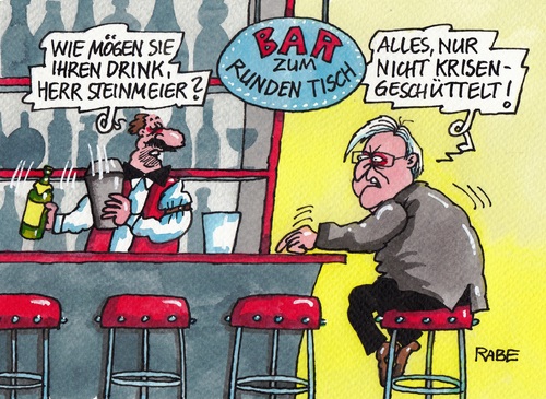 Cartoon: Steinmeier (medium) by RABE tagged steinmeier,spd,aussenminister,bundesaussenminister,ukraine,ukrainekrise,ukrainekonflikt,kiew,moska,verhandlungen,gespräche,runder,tisch,einlenken,russen,russland,separatisten,rabe,ralf,böhme,cartoon,karikatur,pressezeichnung,farbcartoon,kreml,kremlchef,putin,wahlen,volksabstimmung,bar,drink,cocktail,barhocker,krise,krisengeschüttelt,alkohol,steinmeier,spd,aussenminister,bundesaussenminister,ukraine,ukrainekrise,ukrainekonflikt,kiew,moska,verhandlungen,gespräche,runder,tisch,einlenken,russen,russland,separatisten,rabe,ralf,böhme,cartoon,karikatur,pressezeichnung,farbcartoon,kreml,kremlchef,putin,wahlen,volksabstimmung,bar,drink,cocktail,barhocker,krise,krisengeschüttelt,alkohol