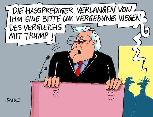 Cartoon: Steinmeier (medium) by RABE tagged steinmeier,außenminister,spd,donald,trump,vergleich,hassprediger,raberalf,böhme,cartoon,karikatur,pressezeichnung,farbcartoon,tagescartoon,salafisten,beleidigung,entschuldigung,steinmeier,außenminister,spd,donald,trump,vergleich,hassprediger,raberalf,böhme,cartoon,karikatur,pressezeichnung,farbcartoon,tagescartoon,salafisten,beleidigung,entschuldigung