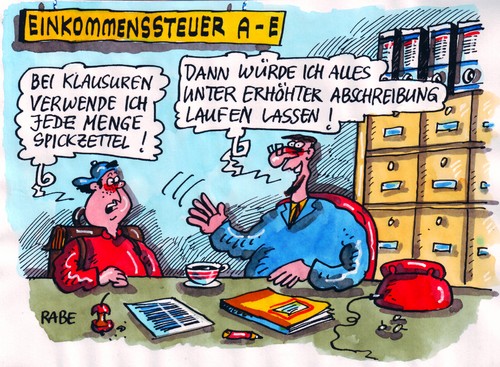 Cartoon: Steuerkanzlei (medium) by RABE tagged steuerberater,geld,euro,finanzen,steuerkanzlei,schüler,spickzettelklausur,diktat,eikommenssteuererklärung,abschreibung,schule,lehrer,füllhalter,steuerbescheid,steuernachzahlung,rückerstattung,umsatzsteuer,bildungsplan,steuerberater,geld,euro,finanzen,steuerkanzlei,schüler,spickzettelklausur,diktat,eikommenssteuererklärung,bildung,wissen