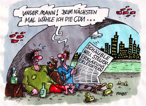 Cartoon: Steuervereinfachung (medium) by RABE tagged zeitung,wahlen,steuerberater,umsatz,jahresabschluß,jahresabrechnung,sozialhilfeempfänger,iv,hartz,obdachlose,brücke,finanzamt,euro,geld,steuervereinfachung,steuern,finanzminister,schäuble,schäuble,finanzminister,steuern,steuervereinfachung,euro,finanzamt,geld,hartz,brücke,obdachlose,sozialhilfeempfänger,jahresabrechnung