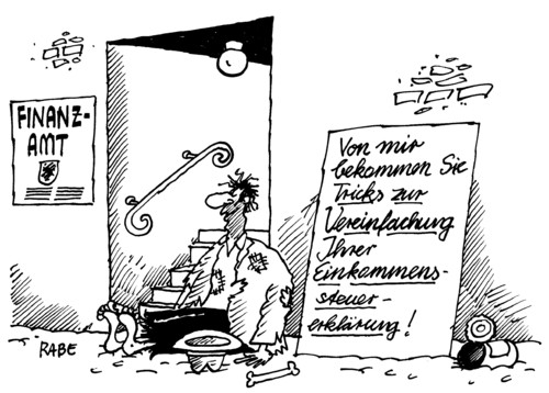 Cartoon: Steuervereinfachung (medium) by RABE tagged steurn,steuereinnahmen,steuermehreinnahmen,steuervereinfachung,steuerberater,euro,krise,eu,finanzamt,finanzminister,tricks,kniffe,schäuble,cdu,steuererklärung,steuerveranlagung,einkommenssteuer,einkommenssteuervorauszahlung,umsatzsteuer,bettler,arbeitsloser,hartziv,sozialhilfe,berater,steurn,steuereinnahmen,steuermehreinnahmen,krise,euro,finanzamt,eu