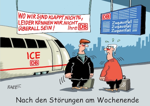 Cartoon: Störung bei der Bahn (medium) by RABE tagged db,bahn,gewerkschaft,gdl,gewerkschaftsboss,weselsky,rabe,ralf,böhme,cartoon,karikatur,pressezeichnung,farbcartoon,tagescartoon,streik,rente,rentner,störung,it,zugverkehr,zugausfall,verspätung,reisende,zusammenbruch,transparent,losung,db,bahn,gewerkschaft,gdl,gewerkschaftsboss,weselsky,rabe,ralf,böhme,cartoon,karikatur,pressezeichnung,farbcartoon,tagescartoon,streik,rente,rentner,störung,it,zugverkehr,zugausfall,verspätung,reisende,zusammenbruch,transparent,losung