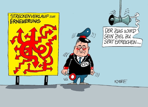 Cartoon: Streckenverlaufsmässig (medium) by RABE tagged bundestagswahl,wahlkampf,osten,ddr,ostbeauftragter,bundesregierung,recht,rabe,ralf,böhme,cartoon,karikatur,pressezeichnung,farbcartoon,tagescartoon,cdu,wahlplakat,laschet,lacher,lachnummer,bahnsteig,erneuerung,bahnhof,fahrplan,streckenverlauf,sondierungsgespräche,koalitionsgespräche,strecke,schaffner,kelle,lautsprecher,lindner,habeck,jamaika,ampel,bundestagswahl,wahlkampf,osten,ddr,ostbeauftragter,bundesregierung,recht,rabe,ralf,böhme,cartoon,karikatur,pressezeichnung,farbcartoon,tagescartoon,cdu,wahlplakat,laschet,lacher,lachnummer,bahnsteig,erneuerung,bahnhof,fahrplan,streckenverlauf,sondierungsgespräche,koalitionsgespräche,strecke,schaffner,kelle,lautsprecher,lindner,habeck,jamaika,ampel