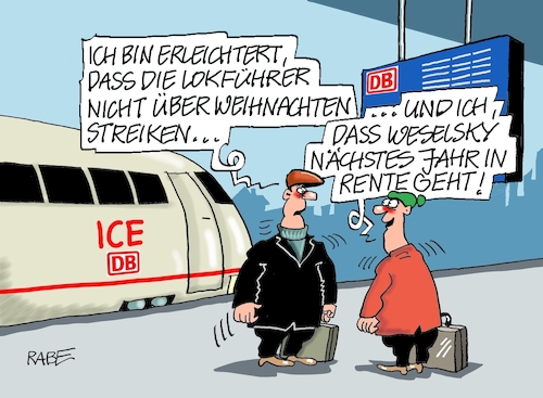 Cartoon: Streikende (medium) by RABE tagged bahn,db,bahnkunden,fahrpreis,fahrpreiserhöhung,rabe,ralf,böhme,cartoon,karikatur,pressezeichnung,farbcartoon,tagescartoon,schnellzug,bahnticket,schlusslicht,passagiere,bahnreisende,puffer,bahnstreik,weselsky,gdl,lokführer,weihnachtsfrieden,weihnachten,gewerkschaften,streikende,rente,rentner,lokführergewerkschaft,bahn,db,bahnkunden,fahrpreis,fahrpreiserhöhung,rabe,ralf,böhme,cartoon,karikatur,pressezeichnung,farbcartoon,tagescartoon,schnellzug,bahnticket,schlusslicht,passagiere,bahnreisende,puffer,bahnstreik,weselsky,gdl,lokführer,weihnachtsfrieden,weihnachten,gewerkschaften,streikende,rente,rentner,lokführergewerkschaft