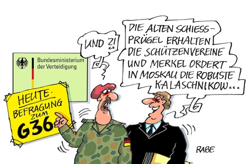 Cartoon: Sturmgewehr (medium) by RABE tagged sturmgewehr,sechsunddreißig,verteidigungsministerin,bundeswehr,maschinengewehr,kalaschnikow,treffsicherheit,zielgenauigkei,rabe,ralf,böhme,cartoon,karikatur,pressezeichnung,farbcartoon,tagescartoon,soldatbefragung,schiessprügel,merkel,kanzlerin,russland,staatsbesuch,moskau,putin,jahrestagsfeier,befreiung,armee,sturmgewehr,sechsunddreißig,verteidigungsministerin,bundeswehr,maschinengewehr,kalaschnikow,treffsicherheit,zielgenauigkei,rabe,ralf,böhme,cartoon,karikatur,pressezeichnung,farbcartoon,tagescartoon,soldatbefragung,schiessprügel,merkel,kanzlerin,russland,staatsbesuch,moskau,putin,jahrestagsfeier,befreiung,armee