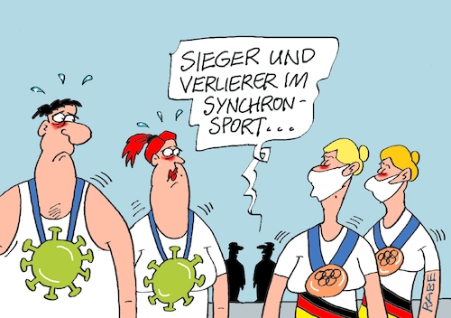 Cartoon: Synchrones (medium) by RABE tagged olympiade,sport,tokio,japan,sportler,olympiafeuer,feuer,flamme,rabe,ralf,böhme,cartoon,karikatur,pressezeichnung,farbcartoon,tagescartoon,fechter,säbel,degen,florett,spieß,corona,virus,deltavirus,synchron,synchronsport,synchronspringen,wasserspringer,medaillen,bronze,bronzemedaille,olympiade,sport,tokio,japan,sportler,olympiafeuer,feuer,flamme,rabe,ralf,böhme,cartoon,karikatur,pressezeichnung,farbcartoon,tagescartoon,fechter,säbel,degen,florett,spieß,corona,virus,deltavirus,synchron,synchronsport,synchronspringen,wasserspringer,medaillen,bronze,bronzemedaille