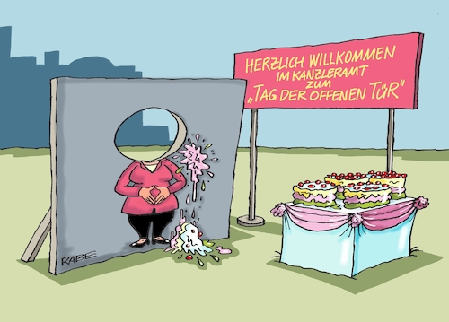 Cartoon: Tag der Offenen Tür (medium) by RABE tagged merkel,kanzlerin,bundestag,befragung,fragestunde,rede,antwort,parteien,abgeordnete,rabe,ralf,böhme,cartoon,karikatur,pressezeichnung,farbcartoon,tagescartoon,tag,der,offenen,tür,kanzleramt,büro,besuch,staatsbesuch,bürger,antworten,fragen,hauptstadt,berlin,wand,werfen,torte,sahnetorte,belustigung,merkel,kanzlerin,bundestag,befragung,fragestunde,rede,antwort,parteien,abgeordnete,rabe,ralf,böhme,cartoon,karikatur,pressezeichnung,farbcartoon,tagescartoon,tag,der,offenen,tür,kanzleramt,büro,besuch,staatsbesuch,bürger,antworten,fragen,hauptstadt,berlin,wand,werfen,torte,sahnetorte,belustigung