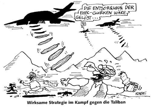 Cartoon: Talibangurken (medium) by RABE tagged taliban,afghanistan,afghanistankrieg,terrorbekämpfung,bundeswehr,verteidigungsminister,cdu,kanzlerin,merkel,bundesregierung,bomber,bomben,raketen,wüste,gurken,spanien,ehec,virus,keime,durchfall,darmkeime,bekämpfung,quarantäne,intensivstation,bergvolk,turban,toilettenpapier,salatgurken,entsorgung,krise,euro,jagdflugzeug,tornado,kampfjet,islam,islamisten,soldaten,bundeswehrstandort,taliban,terror,terroisten,afghanistan,afghanistankrieg,bundeswehr,verteidigungsminister,cdu,kanzlerin,merkel,bundesregierung