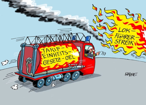 Cartoon: Tarifeinheitsgesetz (medium) by RABE tagged streik,bahnstreik,gewerkschaften,lokfüher,bahn,ag,gdl,evg,verhandlungen,frankfurt,ralf,böhme,cartoon,karikatur,pressezeichnung,farbcartoon,tagescartoon,bahnhof,reisende,weselsky,feuerwehr,löschzug,flammen,rauch,oel,tarifeinheit,tarifeinheitsgesetz,streik,bahnstreik,gewerkschaften,lokfüher,bahn,ag,gdl,evg,verhandlungen,frankfurt,ralf,böhme,cartoon,karikatur,pressezeichnung,farbcartoon,tagescartoon,bahnhof,reisende,weselsky,feuerwehr,löschzug,flammen,rauch,oel,tarifeinheit,tarifeinheitsgesetz