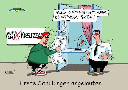 Cartoon: Testwähler (medium) by RABE tagged landtagswahl,thüringen,septemper,cdu,afd,mario,voigt,bernd,höcke,tv,duell,fernsehduell,rabe,ralf,böhme,cartoon,karikatur,pressezeichnung,farbcartoon,tagescartoon,europawahl,erstwähler,wahlkabine,jungwähler,test,kreuz,wahlhilfe,tiktok,landtagswahl,thüringen,septemper,cdu,afd,mario,voigt,bernd,höcke,tv,duell,fernsehduell,rabe,ralf,böhme,cartoon,karikatur,pressezeichnung,farbcartoon,tagescartoon,europawahl,erstwähler,wahlkabine,jungwähler,test,kreuz,wahlhilfe,tiktok