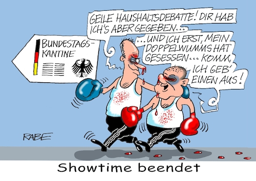 Cartoon: The Show must go on (medium) by RABE tagged ampel,ampelregierung,rot,grün,gelb,fdp,spd,grüne,rabe,ralf,böhme,cartoon,karikatur,pressezeichnung,farbcartoon,tagescartoon,pöbelei,pöbler,bestrafung,regelung,beschimpfung,bundestag,abgeordnete,haushaltsdebatte,generaldebatte,debatte,migration,merz,scholz,kantine,bundestagskantine,spendierhose,boxer,boxhandschuhe,blut,veilchen,ampel,ampelregierung,rot,grün,gelb,fdp,spd,grüne,rabe,ralf,böhme,cartoon,karikatur,pressezeichnung,farbcartoon,tagescartoon,pöbelei,pöbler,bestrafung,regelung,beschimpfung,bundestag,abgeordnete,haushaltsdebatte,generaldebatte,debatte,migration,merz,scholz,kantine,bundestagskantine,spendierhose,boxer,boxhandschuhe,blut,veilchen