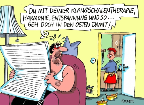 Cartoon: Therapie Ost (medium) by RABE tagged osten,ostdeutschland,fremdenhass,neonazis,rechtsradikale,merkel,flüchtlingspolitik,rabe,ralf,böhme,cartoon,karikatur,pressezeichnung,farbcartoon,tagescartoon,klangschalen,klangschalentherapie,harmonie,entspannung,osten,ostdeutschland,fremdenhass,neonazis,rechtsradikale,merkel,flüchtlingspolitik,rabe,ralf,böhme,cartoon,karikatur,pressezeichnung,farbcartoon,tagescartoon,klangschalen,klangschalentherapie,harmonie,entspannung