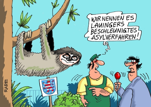 Cartoon: Thüringen (medium) by RABE tagged thüringen,bundesland,lauinger,grüne,justizministerabschiebeverfahren,asylverfahren,aufnahmestopp,kommunen,verzögerung,rabe,ralf,böhme,cartoon,karikatur,pressezeichnung,farbcartoon,tagescartoon,zoo,faultier,flüchtlinge,flüchtlingskrise,flüchtlingsunterkunft,thüringen,bundesland,lauinger,grüne,justizministerabschiebeverfahren,asylverfahren,aufnahmestopp,kommunen,verzögerung,rabe,ralf,böhme,cartoon,karikatur,pressezeichnung,farbcartoon,tagescartoon,zoo,faultier,flüchtlinge,flüchtlingskrise,flüchtlingsunterkunft