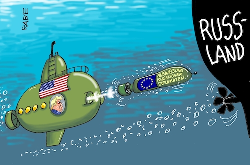 Cartoon: Torpeto (medium) by RABE tagged russlan,moskau,präsidentenwahl,kreml,kremlchef,putin,rabe,ralf,böhme,cartoon,karikatur,pressezeichnung,farbcartoon,tagescartoon,unterseeboot,trump,usa,eu,torpeto,diplometen,sanktionen,london,may,giftanschlag,exspion,spionage,vergeltung,ausweisung,botschafter,diplomaten,russlan,moskau,präsidentenwahl,kreml,kremlchef,putin,rabe,ralf,böhme,cartoon,karikatur,pressezeichnung,farbcartoon,tagescartoon,unterseeboot,trump,usa,eu,torpeto,diplometen,sanktionen,london,may,giftanschlag,exspion,spionage,vergeltung,ausweisung,botschafter,diplomaten