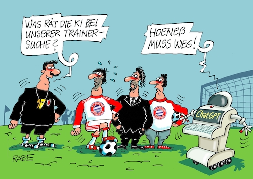 Cartoon: Trainersuche (medium) by RABE tagged fußball,fussball,bundesliga,meistertitel,fußballer,bayern,münchen,bayer,leverkusen,rabe,ralf,böhme,cartoon,karikatur,pressezeichnung,frabcartoon,tagescartoon,schild,meister,schuß,ecke,eckball,sport,ki,chatgpt,roboter,trainerwechsel,trainersuche,tuchel,fc,uli,hoeneß,rangnick,fußball,fussball,bundesliga,meistertitel,fußballer,bayern,münchen,bayer,leverkusen,rabe,ralf,böhme,cartoon,karikatur,pressezeichnung,frabcartoon,tagescartoon,schild,meister,schuß,ecke,eckball,sport,ki,chatgpt,roboter,trainerwechsel,trainersuche,tuchel,fc,uli,hoeneß,rangnick