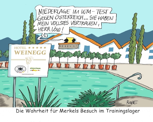 Cartoon: Trainingslager II (medium) by RABE tagged löw,bundestrainer,hotel,weinegg,südtirol,merkel,besuch,wm,mannschaftskader,rabe,ralf,böhme,cartoon,karikatur,pressezeichnung,farbcartoon,tagescartoon,testspiel,österreich,niederlage,vertrauen,fußball,sport,löw,bundestrainer,hotel,weinegg,südtirol,merkel,besuch,wm,mannschaftskader,rabe,ralf,böhme,cartoon,karikatur,pressezeichnung,farbcartoon,tagescartoon,testspiel,österreich,niederlage,vertrauen,fußball,sport