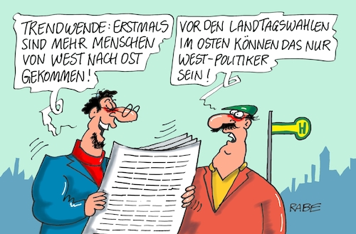 Cartoon: Trendwende (medium) by RABE tagged landtagswahlen,landtag,bundesländer,wähler,thüringen,sachsen,rabe,ralf,böhme,cartoon,karikatur,pressezeichnung,farbcartoon,tagescartoon,baukasten,bau,bauhaus,weimar,trend,ost,west,abwanderung,zuzug,ostländer,westländer,angst,landtagswahlen,landtag,bundesländer,wähler,thüringen,sachsen,rabe,ralf,böhme,cartoon,karikatur,pressezeichnung,farbcartoon,tagescartoon,baukasten,bau,bauhaus,weimar,trend,ost,west,abwanderung,zuzug,ostländer,westländer,angst