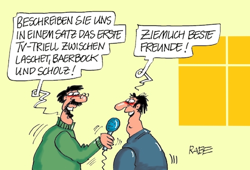 Cartoon: Triell (medium) by RABE tagged baerbock,annalena,grüne,habeck,laschet,cdu,union,olaf,scholz,spd,kanzlerkandidaten,kanzleramt,rabe,ralf,böhme,cartoon,karikatur,pressezeichnung,farbcartoon,tagescartoon,bundestagwahl,tv,fernsehen,duell,triell,umfragewerte,baerbock,annalena,grüne,habeck,laschet,cdu,union,olaf,scholz,spd,kanzlerkandidaten,kanzleramt,rabe,ralf,böhme,cartoon,karikatur,pressezeichnung,farbcartoon,tagescartoon,bundestagwahl,tv,fernsehen,duell,triell,umfragewerte