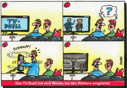 Cartoon: TV-Duell Text II (medium) by RABE tagged peer,steinbrück,spd,kanzlerkandidat,herausforderer,merkel,cdu,kanzlerin,tv,duell,fernseher,wähler,wählergunst,stimmen,wahlsonntag,rededuell,rabe,ralf,böhme,cartoon,karikatur,pressezeichnung,farbcartoon,ehepaar,couch,wende,überzeugung,peer,steinbrück,spd,kanzlerkandidat,herausforderer,merkel,cdu,kanzlerin,tv,duell,fernseher,wähler,wählergunst,stimmen,wahlsonntag,rededuell,rabe,ralf,böhme,cartoon,karikatur,pressezeichnung,farbcartoon,ehepaar,couch,wende,überzeugung