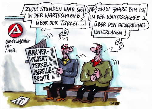 Cartoon: Überfliegerin (medium) by RABE tagged bundeskanzlerin,merkel,cdu,bundesregierung,regierungsmaschine,flugzeug,luftraum,überflieger,überflugsrechte,überflugverbot,überflugerlaubnis,landeerlaubnis,landeverbot,warteschleife,türkei,iran,staatsbesuch,indien,verweigerung,eklat,bundesagentur,für,arbeit,arbeitsagentur,sozialhilfe,arbeitsamt,arbeitslosigkeit,arbeitslosenzahlen,arbeitslosenstatistik,nürnberg,lohn,gehalt,euro,krise,bewerbungsunterlagen,bewerbungsgespräch,hartz,iv,jahre,unterlagen,männer,zeitung,nachrichten,schlagzeile,wartebank,wartezimmer,bundeskanzlerin,merkel,cdu,bundesregierung,regierungsmaschine,flugzeug,luftraum,überflieger,überflugsrechte,überflugverbot,überflugerlaubnis