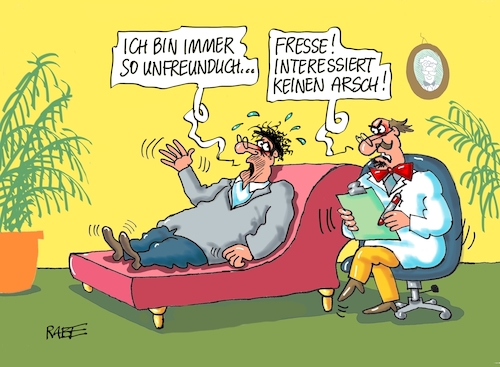 Cartoon: Unfreundliche Deutsche (medium) by RABE tagged deutsche,deutschland,umfrage,online,freundlichkeit,unfreundlichkeit,rabe,ralf,böhme,cartoon,karikatur,pressezeichnung,farbcartoon,tagescartoon,psychiater,seelenklempner,patient,leiden,fresse,arsch,liege,deutsche,deutschland,umfrage,online,freundlichkeit,unfreundlichkeit,rabe,ralf,böhme,cartoon,karikatur,pressezeichnung,farbcartoon,tagescartoon,psychiater,seelenklempner,patient,leiden,fresse,arsch,liege