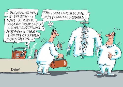 Cartoon: Ungescheuerliches (medium) by RABE tagged maut,mautbetreiber,rückforderungen,dobrindt,bundesverkehrsminister,scheuer,csu,elektroroller,kleinmotorräder,rabe,ralf,böhme,cartoon,karikatur,pressezeichnung,farbcartoon,tagescartoon,klapsmühle,nervenklinik,zwangsjacke,besuch,kraftfahrer,fahrschule,maut,mautbetreiber,rückforderungen,dobrindt,bundesverkehrsminister,scheuer,csu,elektroroller,kleinmotorräder,rabe,ralf,böhme,cartoon,karikatur,pressezeichnung,farbcartoon,tagescartoon,klapsmühle,nervenklinik,zwangsjacke,besuch,kraftfahrer,fahrschule