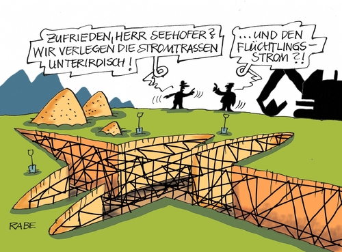 Cartoon: Unter Strom (medium) by RABE tagged seehofer,csu,bayern,stromtrasse,strommasten,stromleitungen,flüchtlinge,flüchtlingsstrom,rabe,ralf,böhme,cartoon,karikatur,pressezeichnung,farbcartoon,tagescartoon,asylanten,grenzen,seehofer,csu,bayern,stromtrasse,strommasten,stromleitungen,flüchtlinge,flüchtlingsstrom,rabe,ralf,böhme,cartoon,karikatur,pressezeichnung,farbcartoon,tagescartoon,asylanten,grenzen