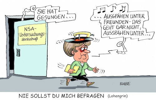 Cartoon: Untersuchungsausschuß (medium) by RABE tagged merkel,kanzlerin,nsa,bnd,untersuchungsauschuß,befragung,ausspähen,freunde,rabe,ralf,böhme,caartoon,karikatur,pressezeichnung,farbcartoon,schallplatte,vinyl,plattenspieler,lohengrin,wagner,merkel,kanzlerin,nsa,bnd,untersuchungsauschuß,befragung,ausspähen,freunde,rabe,ralf,böhme,caartoon,karikatur,pressezeichnung,farbcartoon,schallplatte,vinyl,plattenspieler,lohengrin,wagner