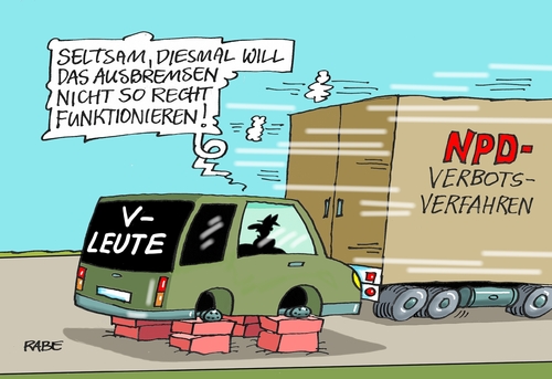 Cartoon: Verbotsverfahren (medium) by RABE tagged merkel,kanzlerin,kanzlerbundesverfassungsgericht,npd,verbot,verfassungsklage,leute,geheimdienste,rabe,ralf,böhme,cartoon,karikatur,pressezeichnung,farbcartoon,tagescartoon,pkw,straße,autobahn,felgen,nazi,rechte,merkel,kanzlerin,kanzlerbundesverfassungsgericht,npd,verbot,verfassungsklage,leute,geheimdienste,rabe,ralf,böhme,cartoon,karikatur,pressezeichnung,farbcartoon,tagescartoon,pkw,straße,autobahn,felgen,nazi,rechte