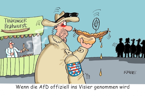 Cartoon: Verfassungschutz Thüringen (medium) by RABE tagged chemnitz,sachsen,aufmarsch,demo,rabe,ralf,böhme,cartoon,karikatur,pressezeichnung,farbcartoon,tagescartoon,dresden,polizei,verfassungsschutz,thüringen,afd,überwachung,innenminister,maier,prüffall,parteichef,höcke,beobachtung,recht,vorstufe,gefahr,bratwürst,senf,brötchen,visier,zielfernrohr,wanze,bratwurtstand,semmel,chemnitz,sachsen,aufmarsch,demo,rabe,ralf,böhme,cartoon,karikatur,pressezeichnung,farbcartoon,tagescartoon,dresden,polizei,verfassungsschutz,thüringen,afd,überwachung,innenminister,maier,prüffall,parteichef,höcke,beobachtung,recht,vorstufe,gefahr,bratwürst,senf,brötchen,visier,zielfernrohr,wanze,bratwurtstand,semmel