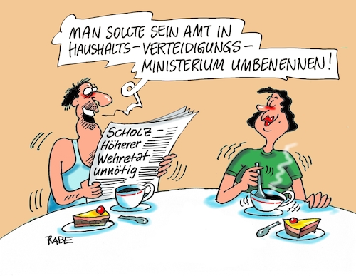 Cartoon: Verteidigungsminister (medium) by RABE tagged olaf,scholz,finanzminister,spd,haushaltsentwurf,bundestag,rabe,ralf,böhme,cartoon,karikatur,pressezeichnung,farbcartoon,tagescartoon,finanzen,verteidigung,verteidigungsministerin,wehretat,bundeswehr,aufstockung,olaf,scholz,finanzminister,spd,haushaltsentwurf,bundestag,rabe,ralf,böhme,cartoon,karikatur,pressezeichnung,farbcartoon,tagescartoon,finanzen,verteidigung,verteidigungsministerin,wehretat,bundeswehr,aufstockung