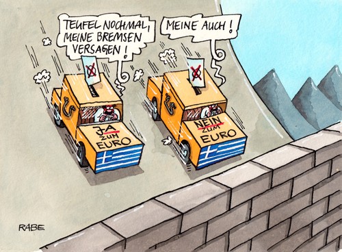 Cartoon: Vor die Wand (medium) by RABE tagged griechenland,athen,hellas,papademos,finanzchefs,schäuble,cdu,finanzhilfe,rettungspaket,milliarden,schuldenschnitt,euro,eu,brüssel,eurokrise,schuldenerlass,kredit,banken,linke,rechte,sozialisten,parlamentswahlen,stimmzettel,euroaustritt,austritt,szenario,wirtschaftskrisse,rettungsschirm,fiskalpakt,abfahrt,wahlurne,auto,bremsen,bremsversagen,mauer,wand,crash,unfall,gefälle,griechenland,wahlen,eurozone,europa,schulden,krise