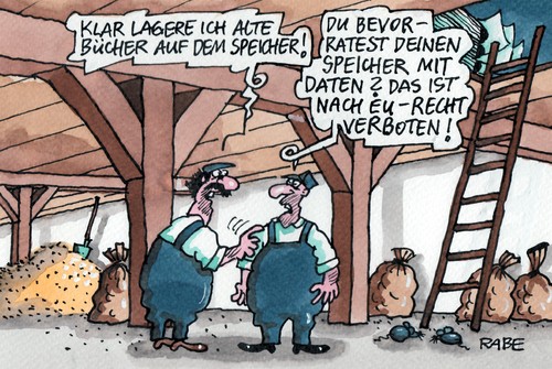 Cartoon: Vorratsdatenspeicher (medium) by RABE tagged daten,vorratsdaten,vorratsdatenspeicherung,eu,eurozone,recht,rabe,ralf,böhme,cartoon,karikatur,pressezeichnung,farbcartoon,bauer,bauernhof,speicher,dachboden,bücher,mäuse,korn,getreidespeicher,speicherboden,landwirt,landwirtschaft,leiter,mehl,getreidesäcke,eurorecht,euronorm,gutachten,speicherpläne,speicherplatte,rechner,pc,gerichtsgutachten,speicherfrist,internet,internetdaten,telefondaten,daten,vorratsdaten,vorratsdatenspeicherung,eu,eurozone,recht,rabe,ralf,böhme,cartoon,karikatur,pressezeichnung,farbcartoon,bauer,bauernhof,speicher,dachboden,bücher,mäuse,korn,getreidespeicher,speicherboden,landwirt,landwirtschaft,leiter,mehl,getreidesäcke,eurorecht,euronorm,gutachten,speicherpläne,speicherplatte,rechner,pc,gerichtsgutachten,speicherfrist,internet,internetdaten,telefondaten