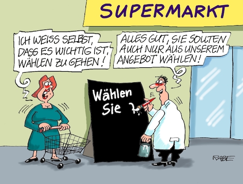 Cartoon: Wahlangebote (medium) by RABE tagged landtagswahl,thüringen,septemper,cdu,afd,mario,voigt,bernd,höcke,tv,duell,fernsehduell,rabe,ralf,böhme,cartoon,karikatur,pressezeichnung,farbcartoon,tagescartoon,sachsen,supermarkt,kaufhalle,angebote,angebotstafel,wochenangebot,landtagswahl,thüringen,septemper,cdu,afd,mario,voigt,bernd,höcke,tv,duell,fernsehduell,rabe,ralf,böhme,cartoon,karikatur,pressezeichnung,farbcartoon,tagescartoon,sachsen,supermarkt,kaufhalle,angebote,angebotstafel,wochenangebot