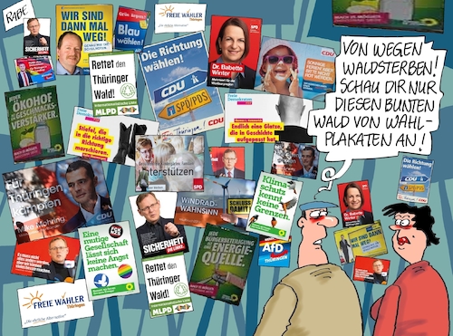 Cartoon: Wahlplakatewald Thüringen (medium) by RABE tagged landtagswahlen,wahlergebnisse,sachsen,brandenburg,groko,spd,cdu,rabe,ralf,böhme,cartoon,karikatur,pressezeichnung,farbcartoon,tagescartoon,arzt,doktor,csu,afd,verluste,rechte,populismus,thüringen,bodo,ramelow,linke,grüne,rot,grün,fdp,wald,waldsterben,wahlplakate,plakate,bäume,wahlplakatewald,mike,mohring,landtagswahlen,wahlergebnisse,sachsen,brandenburg,groko,spd,cdu,rabe,ralf,böhme,cartoon,karikatur,pressezeichnung,farbcartoon,tagescartoon,arzt,doktor,csu,afd,verluste,rechte,populismus,thüringen,bodo,ramelow,linke,grüne,rot,grün,fdp,wald,waldsterben,wahlplakate,plakate,bäume,wahlplakatewald,mike,mohring