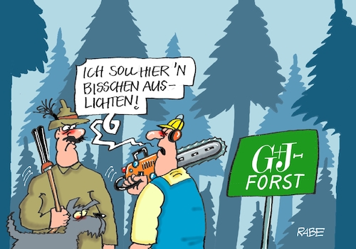 Cartoon: Waldschadensbericht (medium) by RABE tagged gruner,und,jahr,zeitschriften,rtl,geo,streichung,stellenstreichung,einstellung,zeitungen,hamburg,verlagshaus,einsparungen,brigitte,rabe,ralf,böhme,cartoon,karikatur,pressezeichnung,farbcartoon,tagescartoons,medienlandschaft,blätterwald,forst,bäume,baumfällungen,auslichtung,förster,jäger,hund,waldarbeiter,säge,gehörschutz,motorkettensäge,gruner,und,jahr,zeitschriften,rtl,geo,streichung,stellenstreichung,einstellung,zeitungen,hamburg,verlagshaus,einsparungen,brigitte,rabe,ralf,böhme,cartoon,karikatur,pressezeichnung,farbcartoon,tagescartoons,medienlandschaft,blätterwald,forst,bäume,baumfällungen,auslichtung,förster,jäger,hund,waldarbeiter,säge,gehörschutz,motorkettensäge