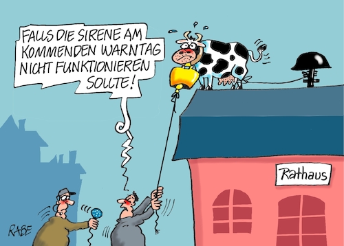 Cartoon: Warnung vor der Kuh (medium) by RABE tagged warntag,warnung,sirene,alarm,warnapp,rathaus,rabe,ralf,böhme,cartoon,karikatur,pressezeichnung,farbcartoon,dach,kuh,glocke,kuhglocke,bürgermeister,warntag,warnung,sirene,alarm,warnapp,rathaus,rabe,ralf,böhme,cartoon,karikatur,pressezeichnung,farbcartoon,dach,kuh,glocke,kuhglocke,bürgermeister