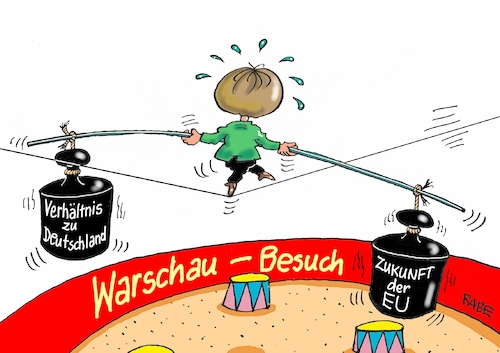 Cartoon: Warschauer Balanceakt (medium) by RABE tagged merkel,kanzlerin,staatsbesuch,polen,warschau,ministerpräsidentin,zukunft,eu,brüssel,verhältnis,deutschland,flüchtlingskrise,rabe,ralf,böhme,cartoon,karikatur,pressezeichnung,farbcartoon,tagescartoon,manege,zirkus,drahtseil,seiltanz,gewichte,balance,merkel,kanzlerin,staatsbesuch,polen,warschau,ministerpräsidentin,zukunft,eu,brüssel,verhältnis,deutschland,flüchtlingskrise,rabe,ralf,böhme,cartoon,karikatur,pressezeichnung,farbcartoon,tagescartoon,manege,zirkus,drahtseil,seiltanz,gewichte,balance