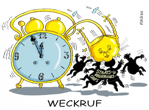 Cartoon: Weckruf (medium) by RABE tagged klimawandel,umwelt,umweltministerin,schulze,sp,klimapreis,heizung,auto,rabe,ralf,böhme,cartoon,karikatur,pressezeichnung,farbcartoon,tagescartoon,brücke,bettler,verkehr,klimaprämie,friday,for,future,wutrede,thunberg,weckruf,staatschefs,regierungschefs,merkel,wecker,un,klimakonferenz,new,york,klimawandel,umwelt,umweltministerin,schulze,sp,klimapreis,heizung,auto,rabe,ralf,böhme,cartoon,karikatur,pressezeichnung,farbcartoon,tagescartoon,brücke,bettler,verkehr,klimaprämie,friday,for,future,wutrede,thunberg,weckruf,staatschefs,regierungschefs,merkel,wecker,un,klimakonferenz,new,york