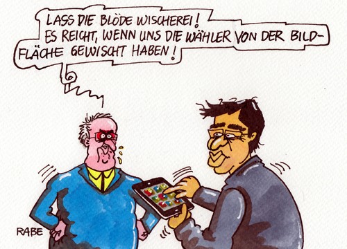 Cartoon: Weg von der Bildfläche (medium) by RABE tagged rösler,brüderle,fdp,bundestagswahl,liberale,wahlergebnis,bundesregierung,regierungsbildung,koalition,opposition,schwarzgelb,rotgrün,rotrotgrün,kanzlerin,merkel,cdu,spd,rabe,ralf,böhme,cartoon,karikatur,pressezeichnung,farbzeichnung,tablet,pc,smartphone,bildfläche,wischer,fiasko,triumph,absturz,regierungsoption,schwarzrot,grün,schwarzgrün,schwarz,rot,rösler,brüderle,fdp,bundestagswahl,liberale,wahlergebnis,bundesregierung,regierungsbildung,koalition,opposition,schwarzgelb,rotgrün,rotrotgrün,kanzlerin,merkel,cdu,spd,rabe,ralf,böhme,cartoon,karikatur,pressezeichnung,farbzeichnung,tablet,pc,smartphone,bildfläche,wischer,fiasko,triumph,absturz,regierungsoption,schwarzrot,grün,schwarzgrün,schwarz,rot