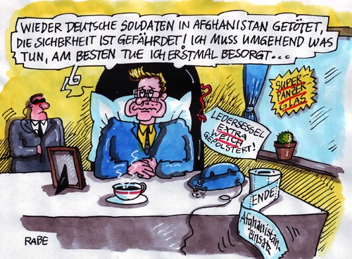 Cartoon: Weich gepolstert (medium) by RABE tagged außenminister,westerwelle,fdp,kanzlerin,merkel,cdu,verteidigungsminister,bundeswehr,soldaten,bundeswehreinsatz,front,afghanistan,afghanistaneinsatz,afghanistankrieg,afghanistanhilfe,taliban,islam,gotteskrieger,stammesfürsten,terror,terroranschlag,terrorgefahr,sprengstoff,sprengstoffanschlag,tod,aufstänsische,nato,stützpunkt,herat,visier,opfer,provinzregierung,explosion,selbstmordattentäter,attentat,euro,krise,ledersessel,büro,schreibtisch,panzerglas,bodyguard,außenminister,westerwelle,fdp,kanzlerin,merkel,cdu,verteidigungsminister,bundeswehr,soldaten,bundeswehreinsatz,afghanistan,afghanistaneinsatz