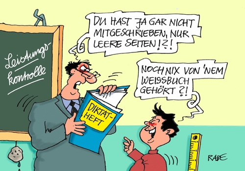 Cartoon: Weißbuch (medium) by RABE tagged weißbuch,bundeswehr,verteidigungsministerin,von,der,leyen,etat,bundeswehreinsätze,rabe,ralf,böhme,cartoon,karikatur,pressezeichnung,farbcartoon,tagescartoon,lehrer,schüler,diktat,tafel,leistungskontrolle,leere,weißbuch,bundeswehr,verteidigungsministerin,von,der,leyen,etat,bundeswehreinsätze,rabe,ralf,böhme,cartoon,karikatur,pressezeichnung,farbcartoon,tagescartoon,lehrer,schüler,diktat,tafel,leistungskontrolle,leere