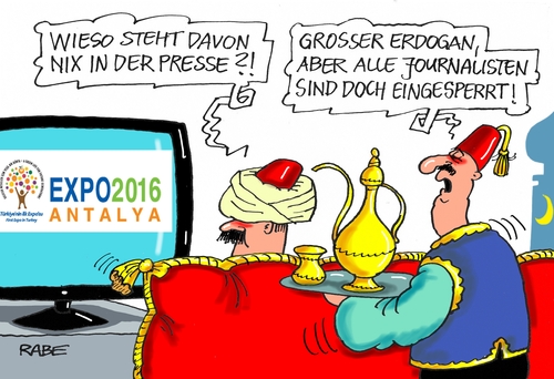 Cartoon: Weltausstellung (medium) by RABE tagged erdogan,merkel,türkei,böhmermann,satire,schmähgedicht,staatsaffäre,justiz,strafprozess,rabe,ralf,böhme,cartoon,tagescartoon,farbcartoon,ministerpräsident,expo,weltausstellung,antalya,sultan,presse,journalisten,gefängnis,erdogan,merkel,türkei,böhmermann,satire,schmähgedicht,staatsaffäre,justiz,strafprozess,rabe,ralf,böhme,cartoon,tagescartoon,farbcartoon,ministerpräsident,expo,weltausstellung,antalya,sultan,presse,journalisten,gefängnis