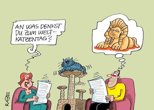 Cartoon: Weltkatzentag (medium) by RABE tagged katze,weltkatzetag,kater,kratzbaum,ehepaar,sphinx,ägypten,verehrung,samtpfoten,stubentiger,rabe,ralf,böhme,cartoon,karikatur,pressezeichnung,farbcartoon,tagescartoon,corona,abstandsregeln,katzenfutter,katzenklo,haustiere,katze,weltkatzetag,kater,kratzbaum,ehepaar,sphinx,ägypten,verehrung,samtpfoten,stubentiger,rabe,ralf,böhme,cartoon,karikatur,pressezeichnung,farbcartoon,tagescartoon,corona,abstandsregeln,katzenfutter,katzenklo,haustiere