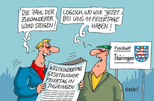 Cartoon: Weltkindertag (medium) by RABE tagged thüringen,ramelow,ministerpräsident,erfurt,rot,grün,landesregierung,linke,weltkindertag,feiertag,september,offizell,rabe,ralf,böhme,cartoon,karikatur,pressezeichnung,farbcartoon,tagescartoon,zuwanderer,feiertagsgesetz,thüringen,ramelow,ministerpräsident,erfurt,rot,grün,landesregierung,linke,weltkindertag,feiertag,september,offizell,rabe,ralf,böhme,cartoon,karikatur,pressezeichnung,farbcartoon,tagescartoon,zuwanderer,feiertagsgesetz