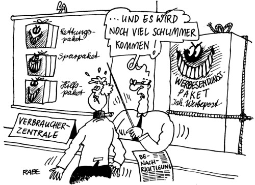 Cartoon: Werbeschrott (medium) by RABE tagged werbesendung,verbraucherschutz,verbraucherschutzzentrale,werbepost,mann,frau,rettungspaket,hilfspaket,euro,bauernfänger,nepper,schlepper,sparpaket,werbung,kaffeefahrt,verbraucherschutz,verbraucherschutzzentrale,werbespot,rettungspaket,hilfspaket,bauernfänger,euro,kaffeefahrt,werbung,sparpaket